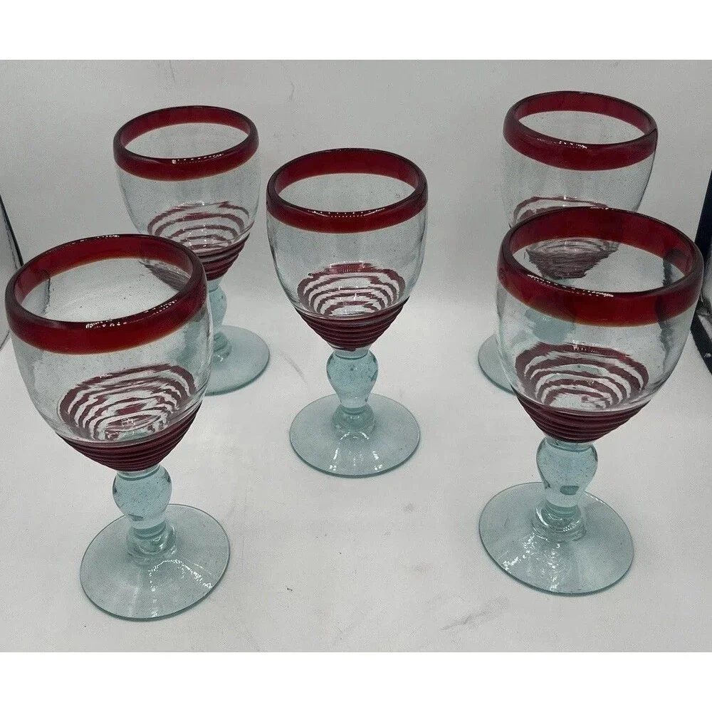 Mexican Hand Blown Art Glass Wine Goblets Set of 5 Red Rim Aqua Stem Swirl